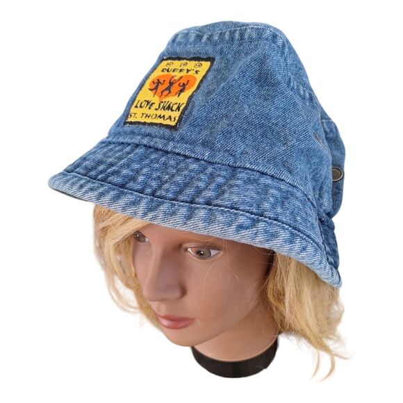 KC Caps Headshots Denim Bucket Hat Duffys Love Shack St. Thomas Y2K vented - Picture 1 of 13